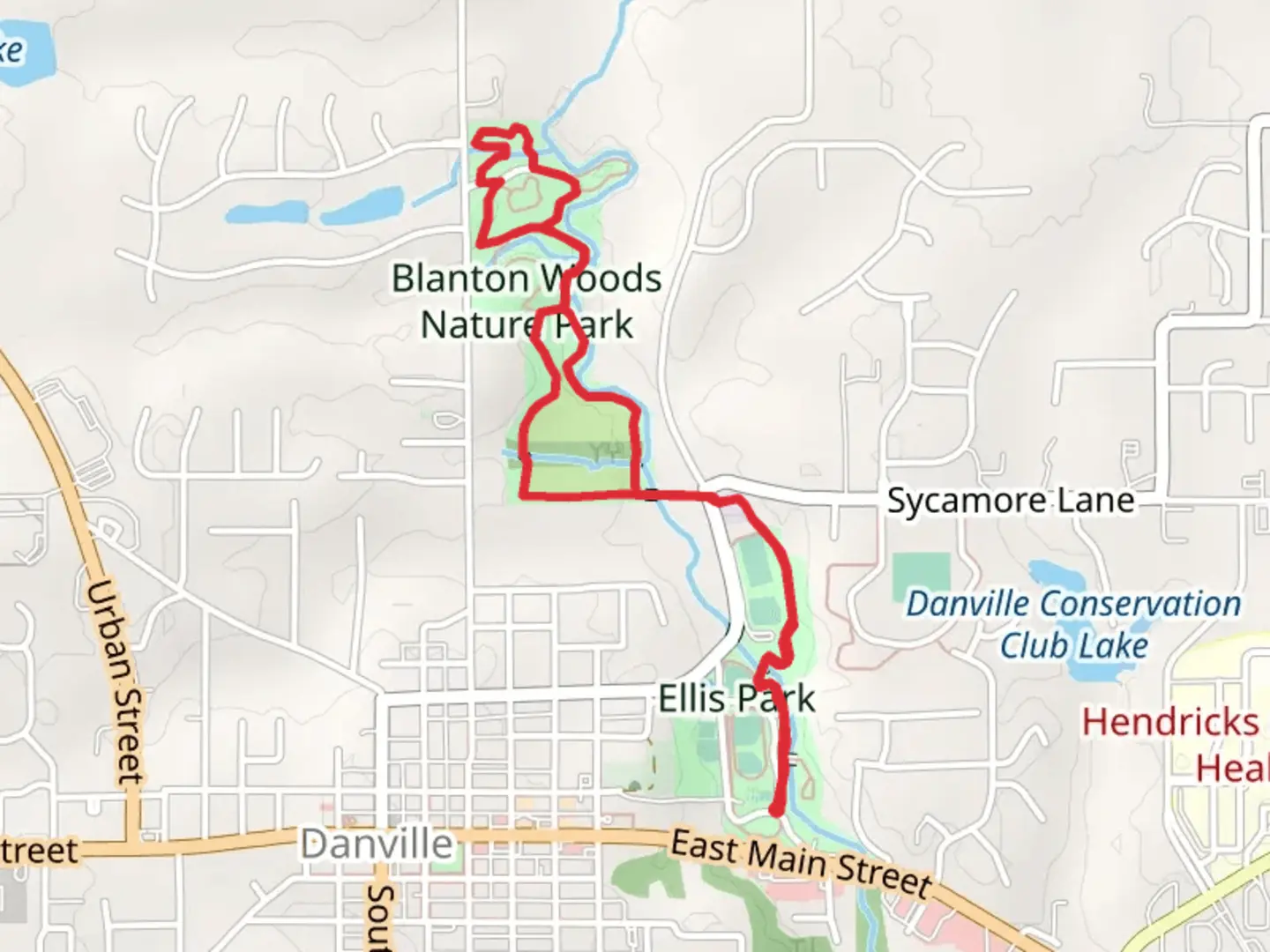An image depicting the trail Blanton Woods Nature Park Loop and its surrounding area.