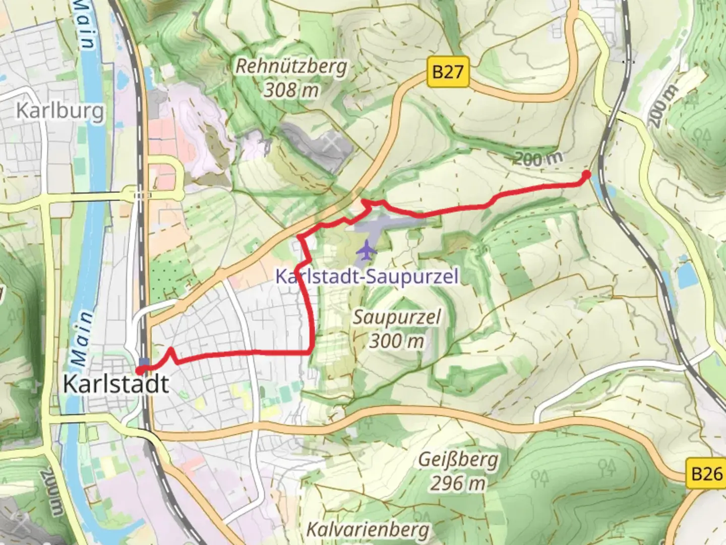 An image depicting the trail Karlstadt am Main to Bächleinsgrund Walk via Karlstadt Saupurzel Airfield and its surrounding area.
