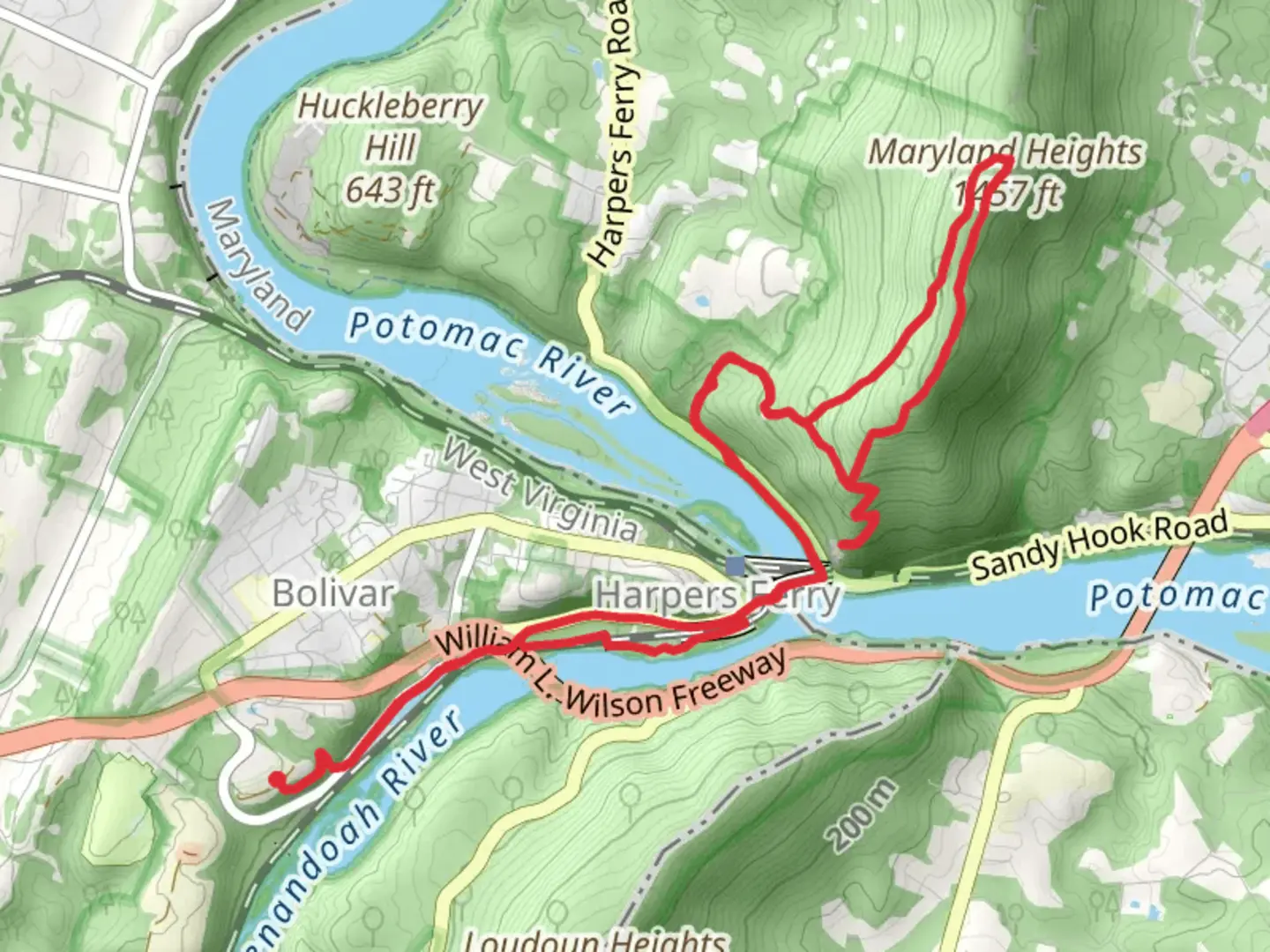 An image depicting the trail Lower Town, Stone Fort and Maryland Heights Loop Trail and its surrounding area.