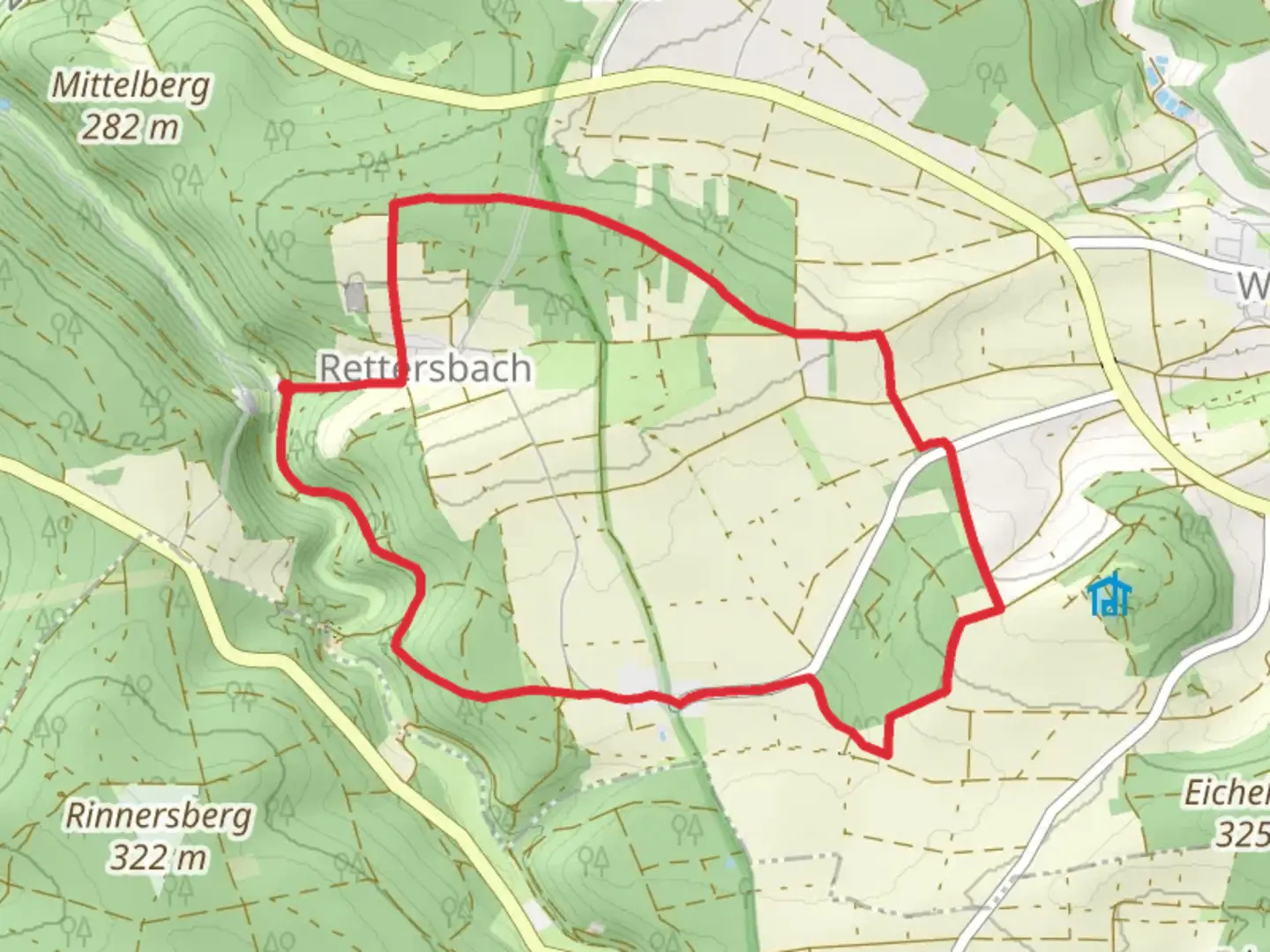 An image depicting the trail Rettersbach and Erlenbach Loop and its surrounding area.