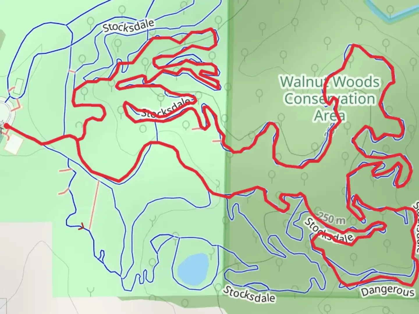 An image depicting the trail Walnut Woods Conservation Area Loop and its surrounding area.