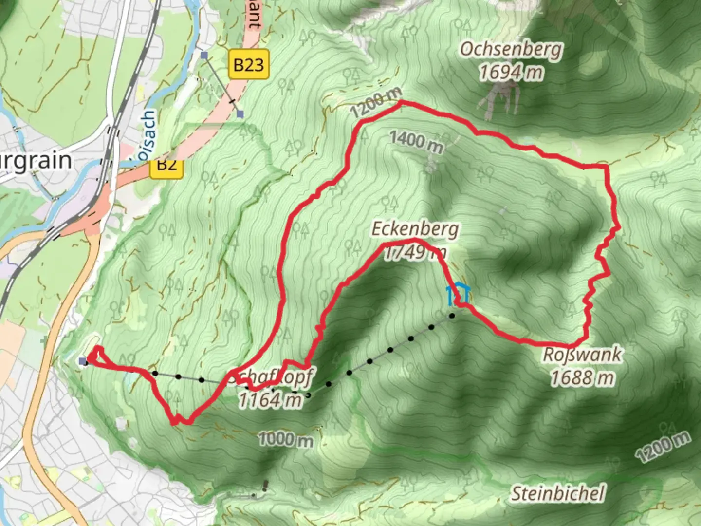 An image depicting the trail Schafkopf, Eckenberg and Wank Via Alpina Violett and its surrounding area.