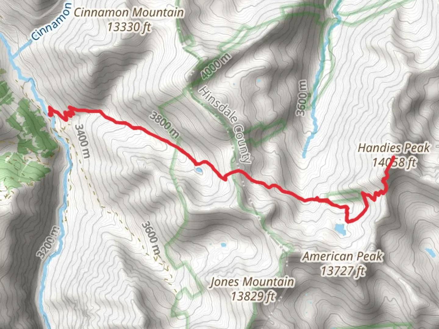 An image depicting the trail Handies Peak via Hardrock 100 Route and its surrounding area.