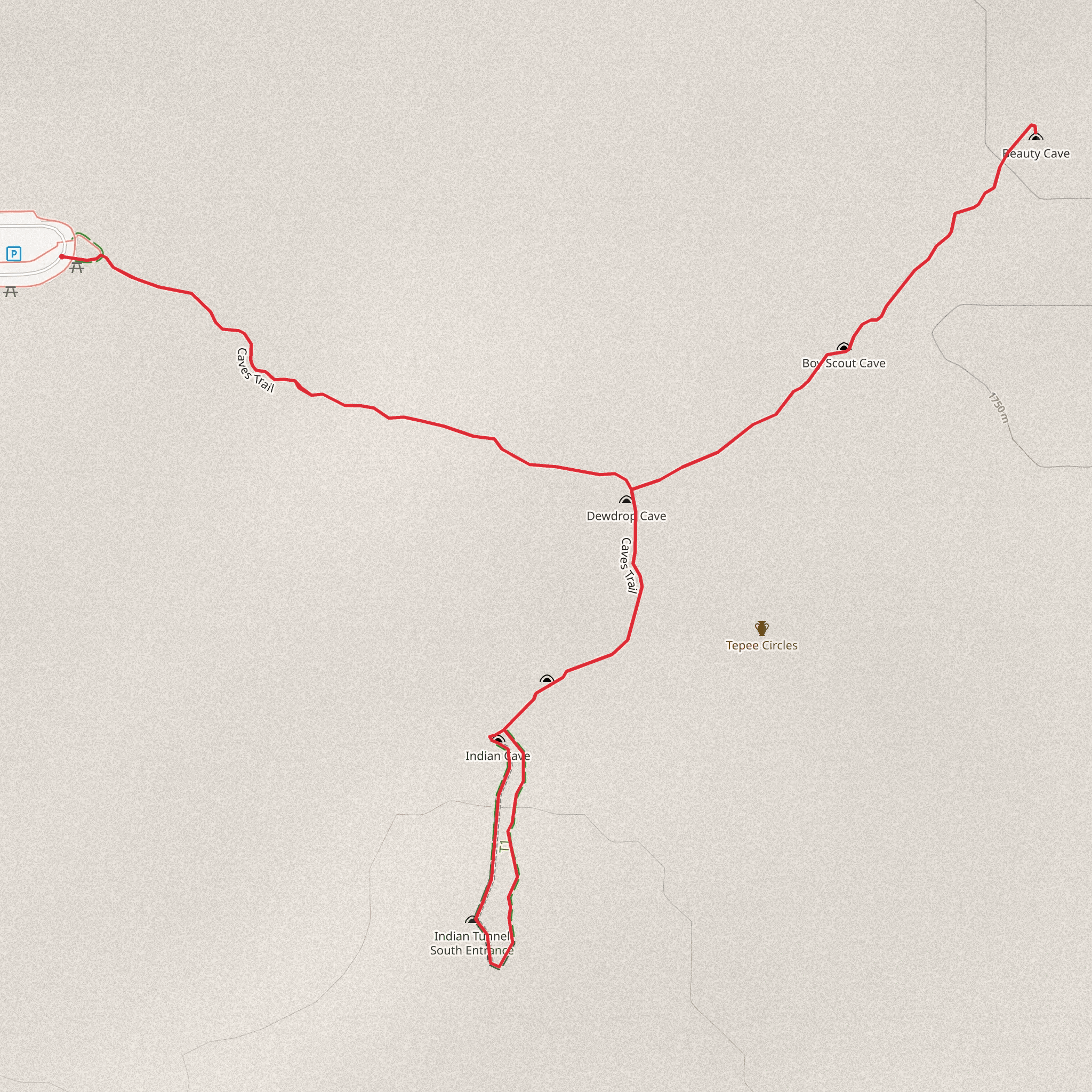 Beauty Cave and Indian Tunnel mobile static map