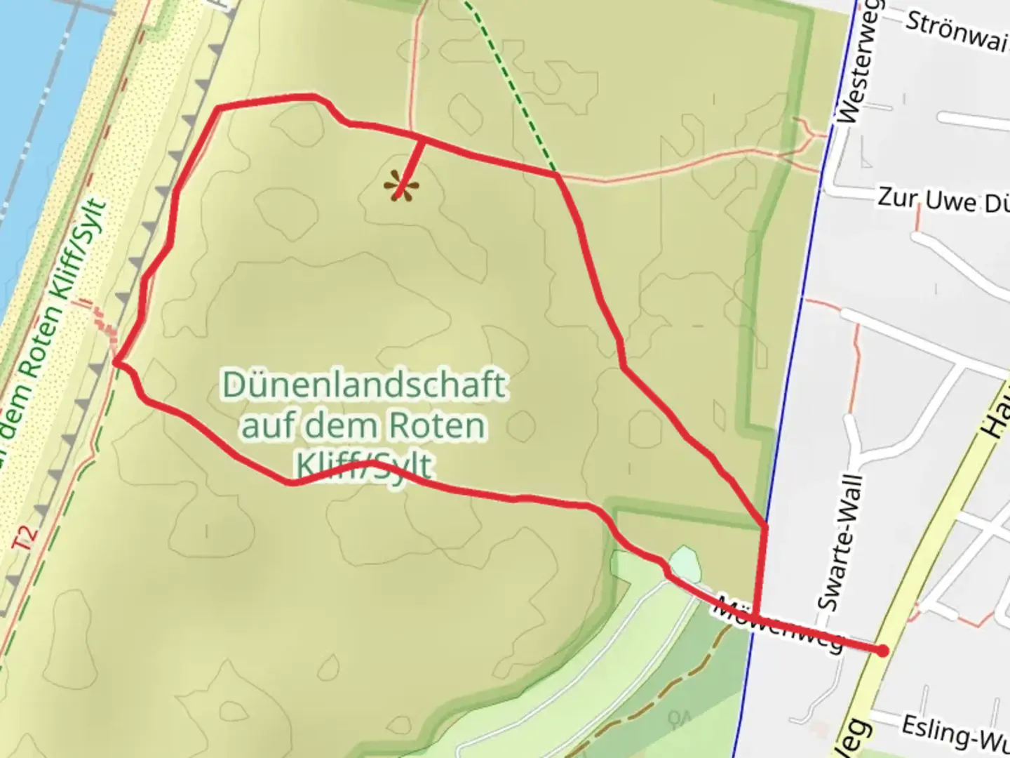 An image depicting the trail Uwe-Düne and Dünenlandschaft auf dem Roten Kliff Loop and its surrounding area.