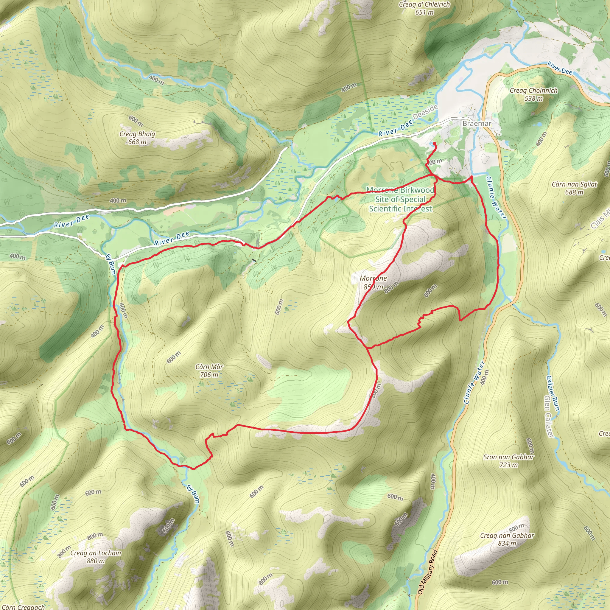 Morrone Birkwood and Ey Burn Loop from Braemar mobile static map