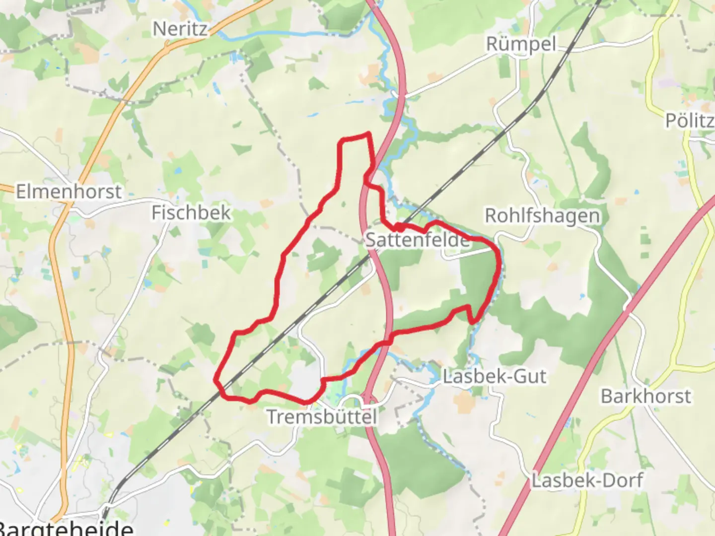 An image depicting the trail Suederbeste via Rund um Bargteheide and Strecke S1 and its surrounding area.