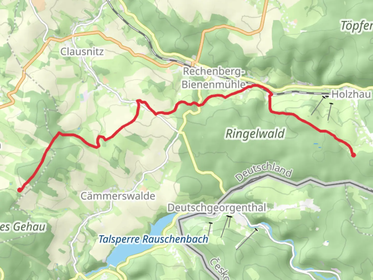 An image depicting the trail Holzhau to Kreuztanne via Gustav-Moritz Weg and its surrounding area.