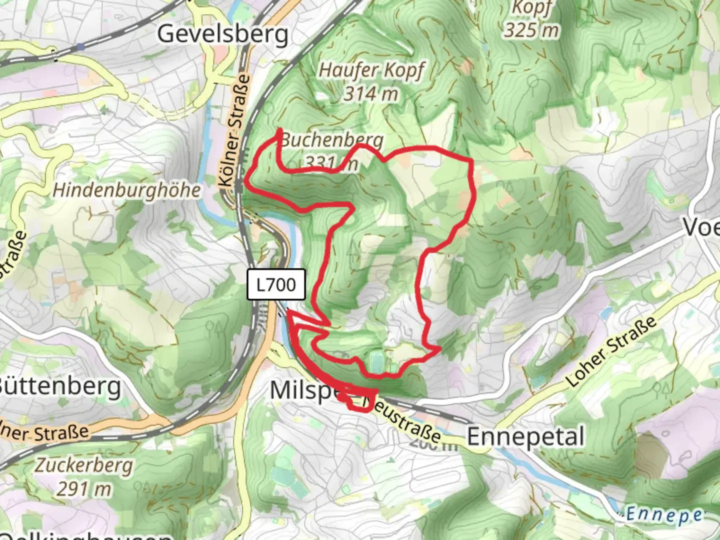 An image depicting the trail Ennepetaler Rundweg and Voerder Weg and its surrounding area.