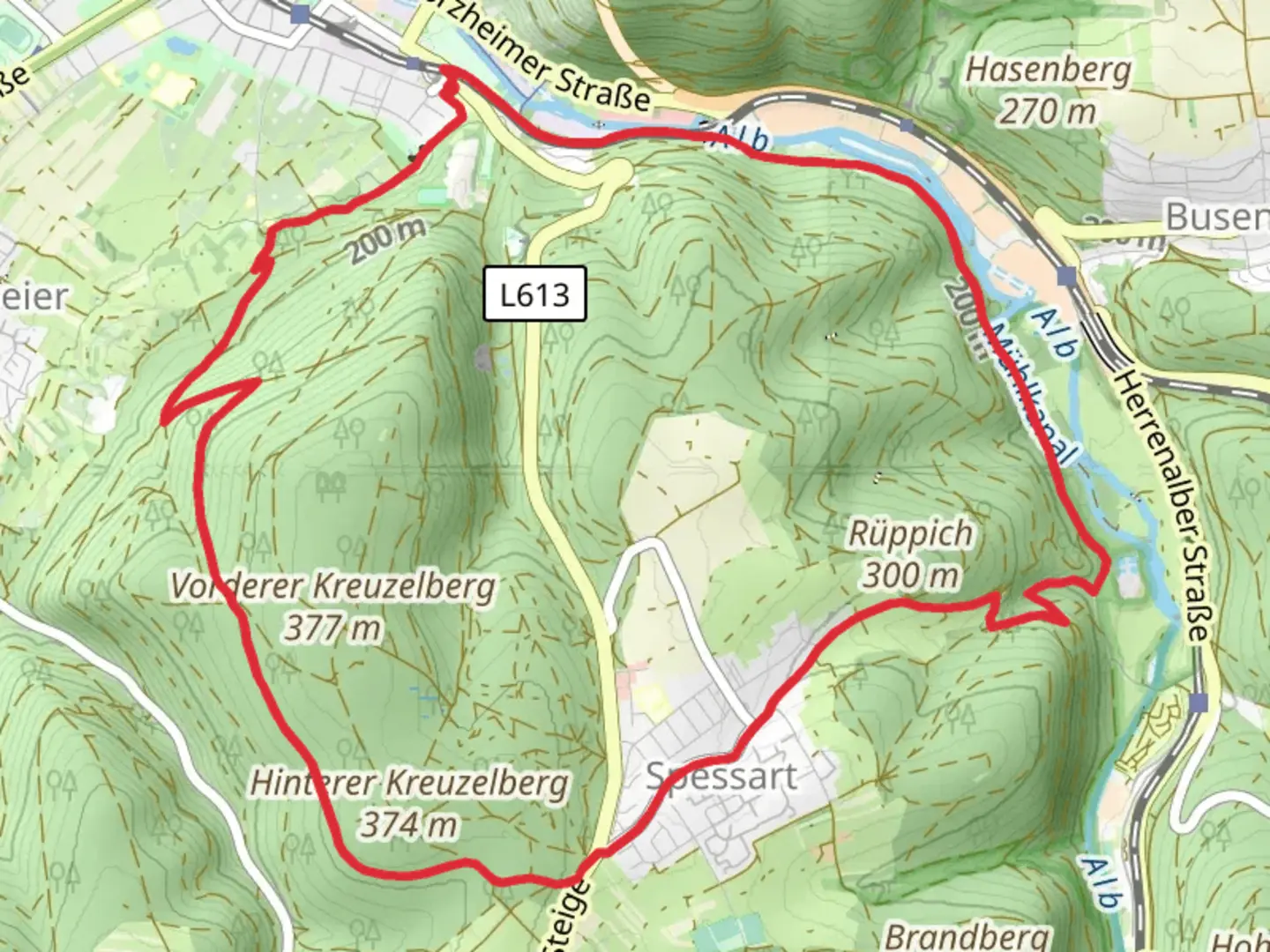 An image depicting the trail Hannesenberg and Albkanal - Spinnerei and its surrounding area.