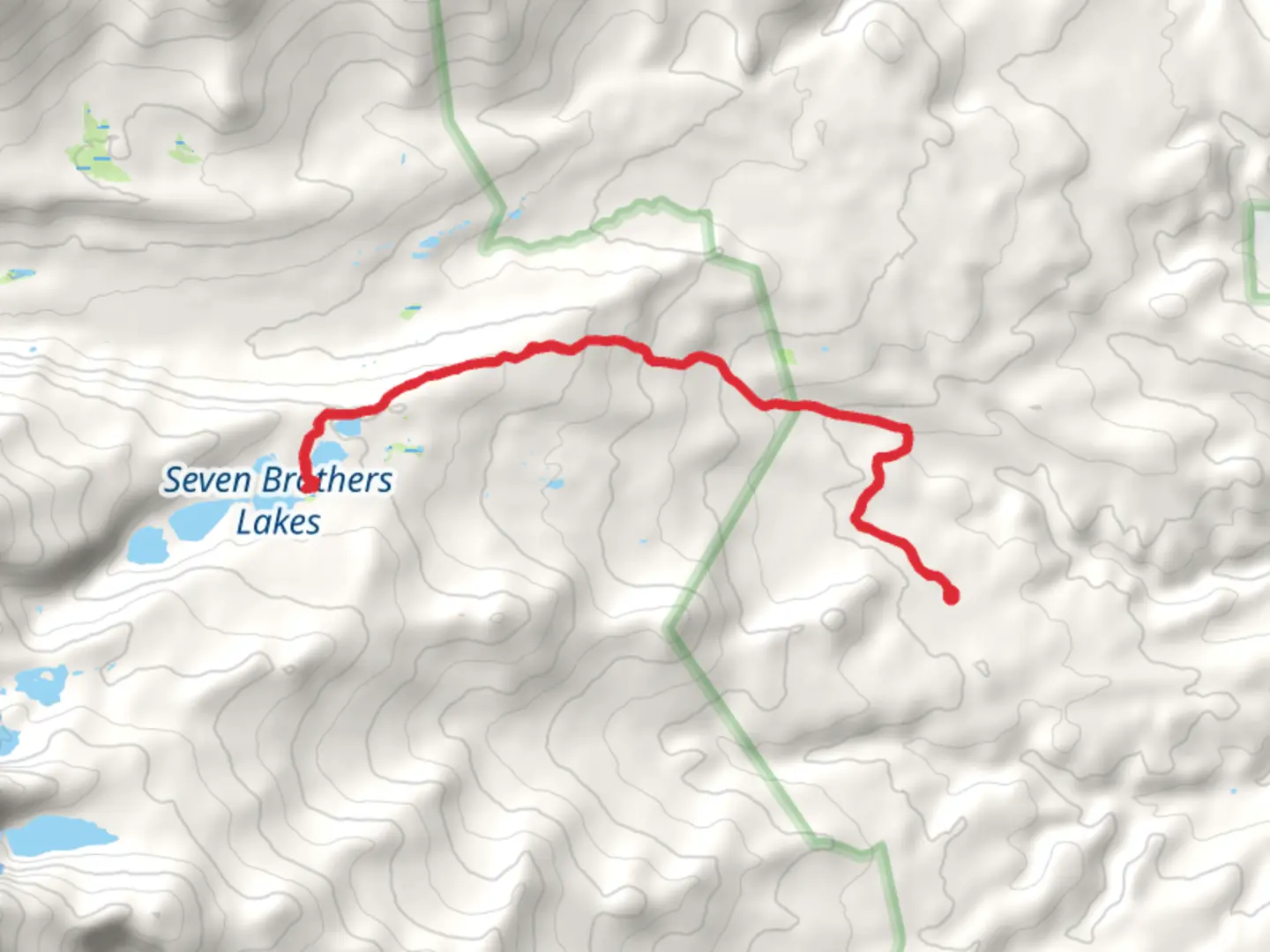 An image depicting the trail Seven Brothers Lake via Buffalo Park Cutoff and its surrounding area.