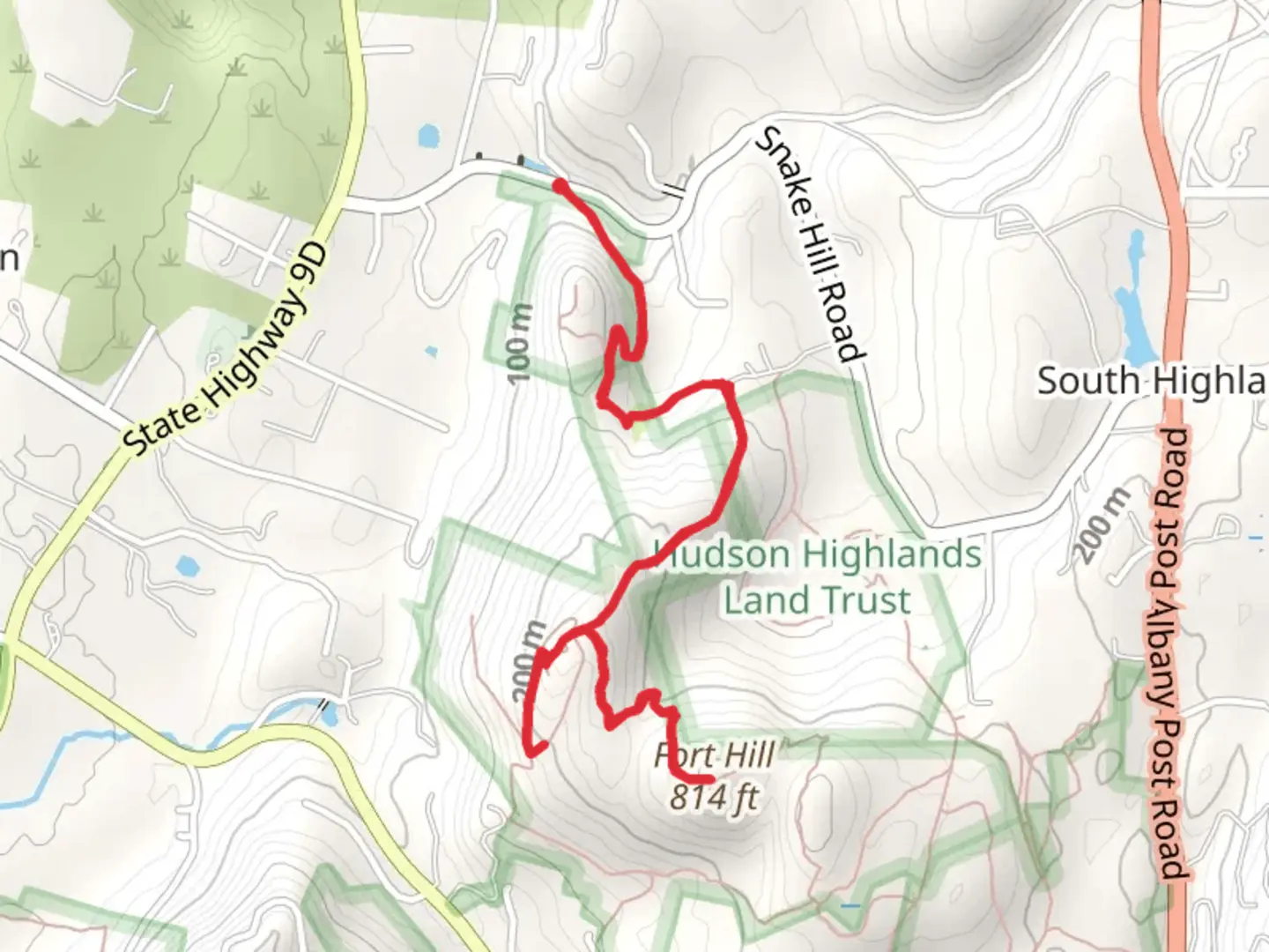 An image depicting the trail Fort Hill from Shake Hill Road and its surrounding area.