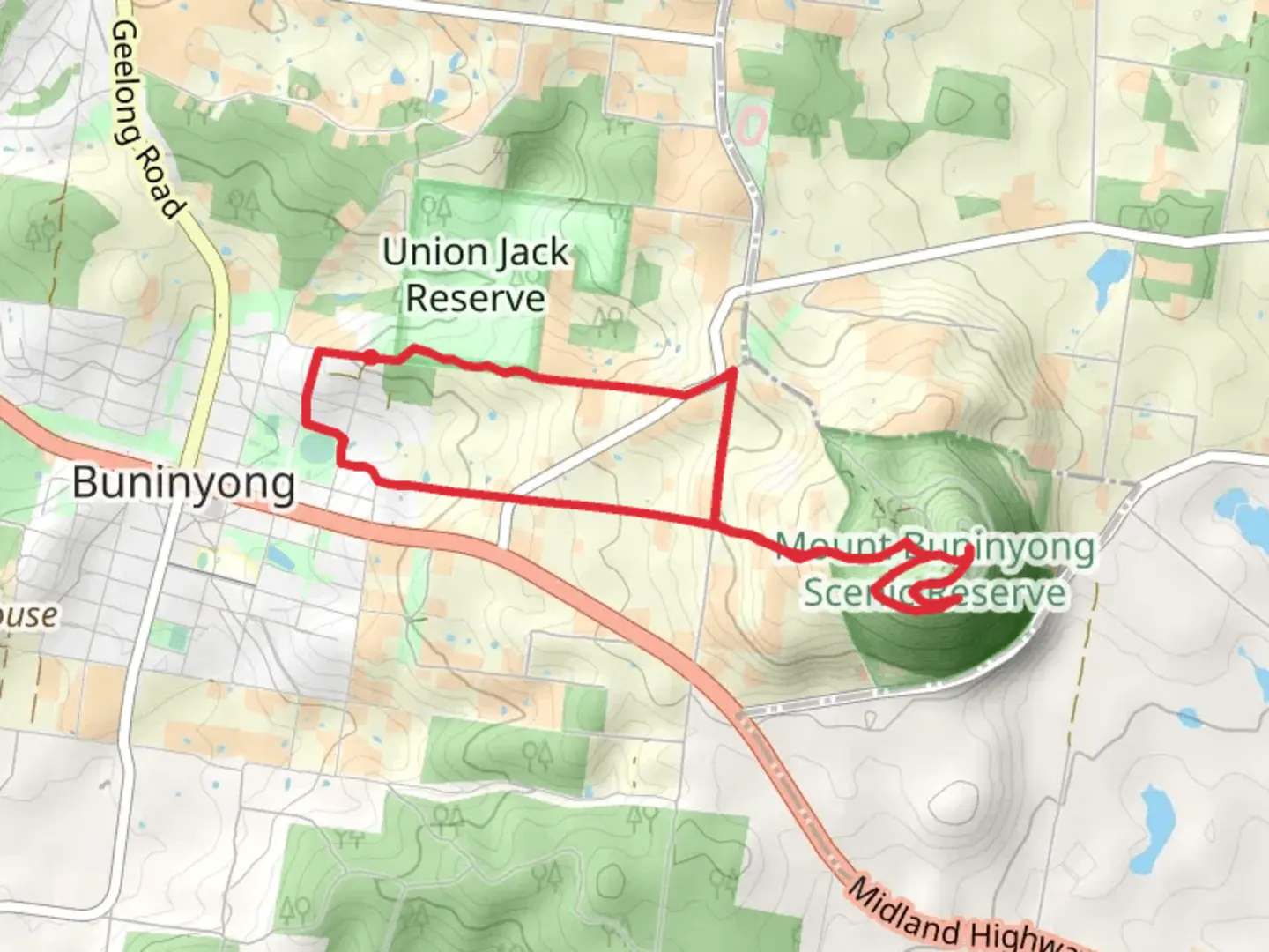 An image depicting the trail Mount Buninyong - Union Jack Reserve Trail and its surrounding area.