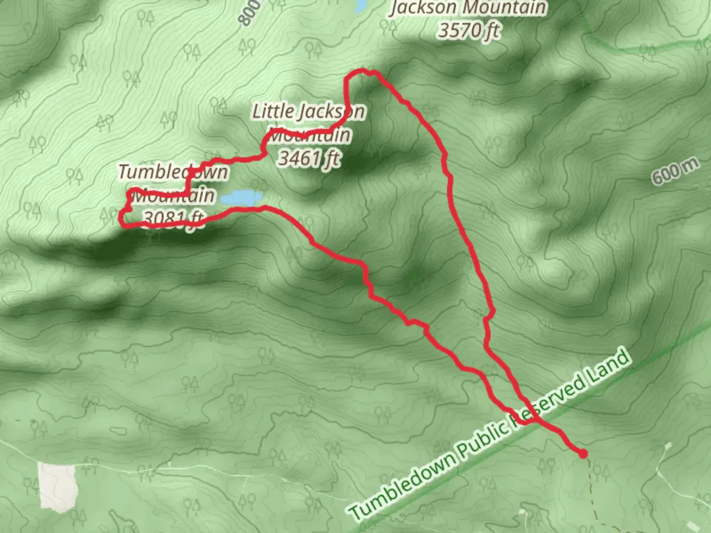 An image depicting the trail Little Jackson Mountain, Tumbledown Southwest Peak and Tumbledown Pond Loop Trail and its surrounding area.