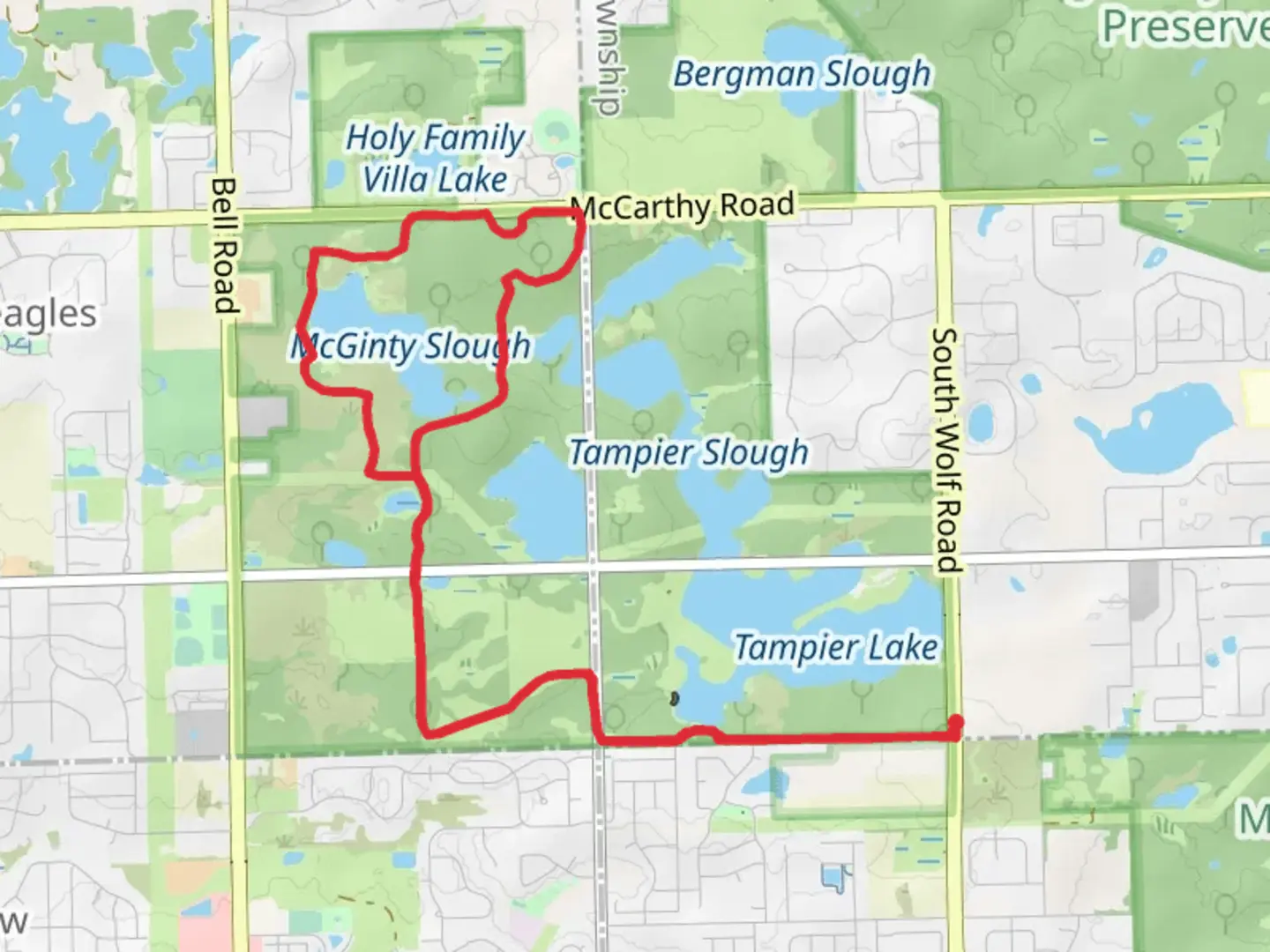 An image depicting the trail Sag Valley Red and Brown Unpaved and McGinty Slough Loop Trail and its surrounding area.