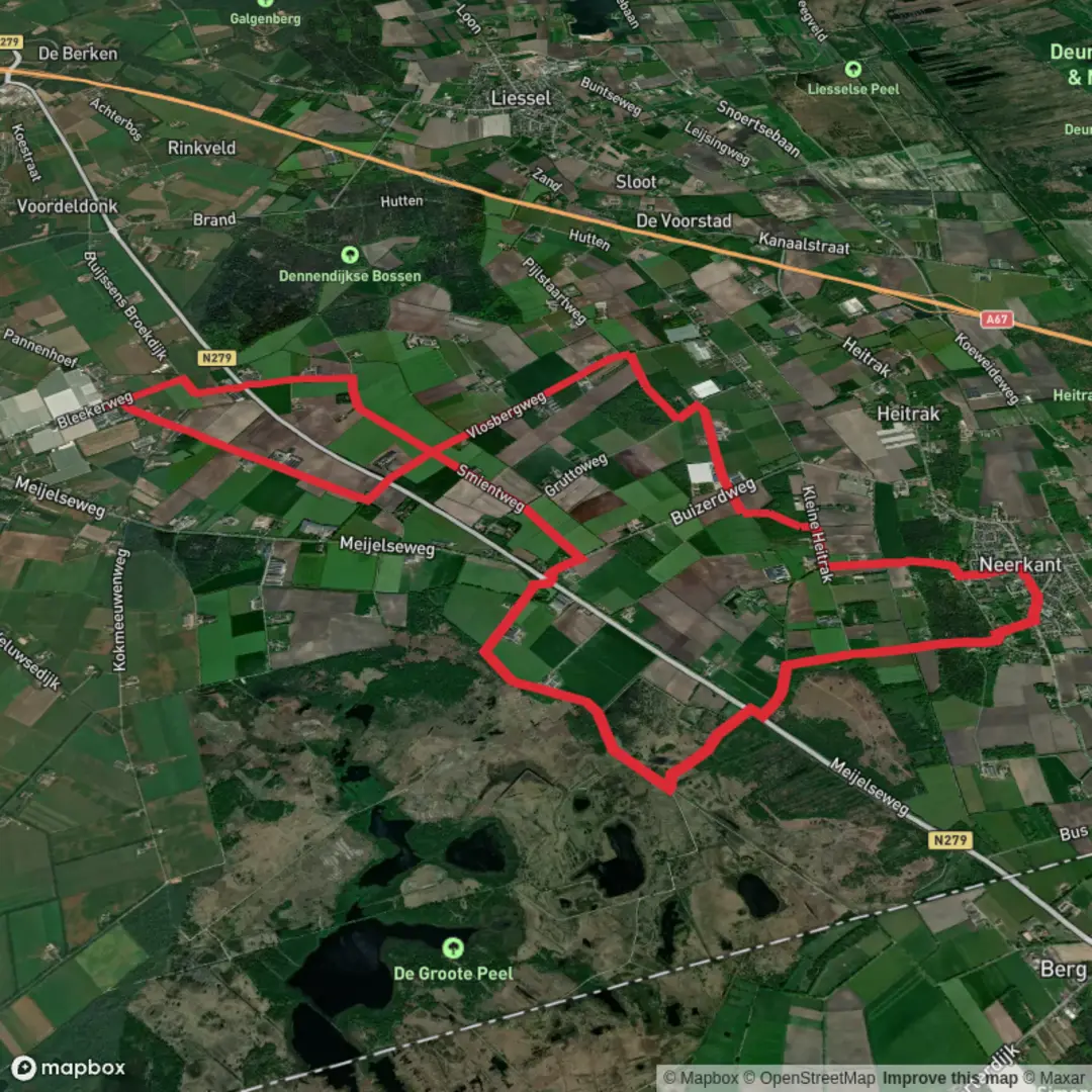 An image depicting the trail Bossen and Astensche via Vlosberg Weg and Peel Weg and its surrounding area.