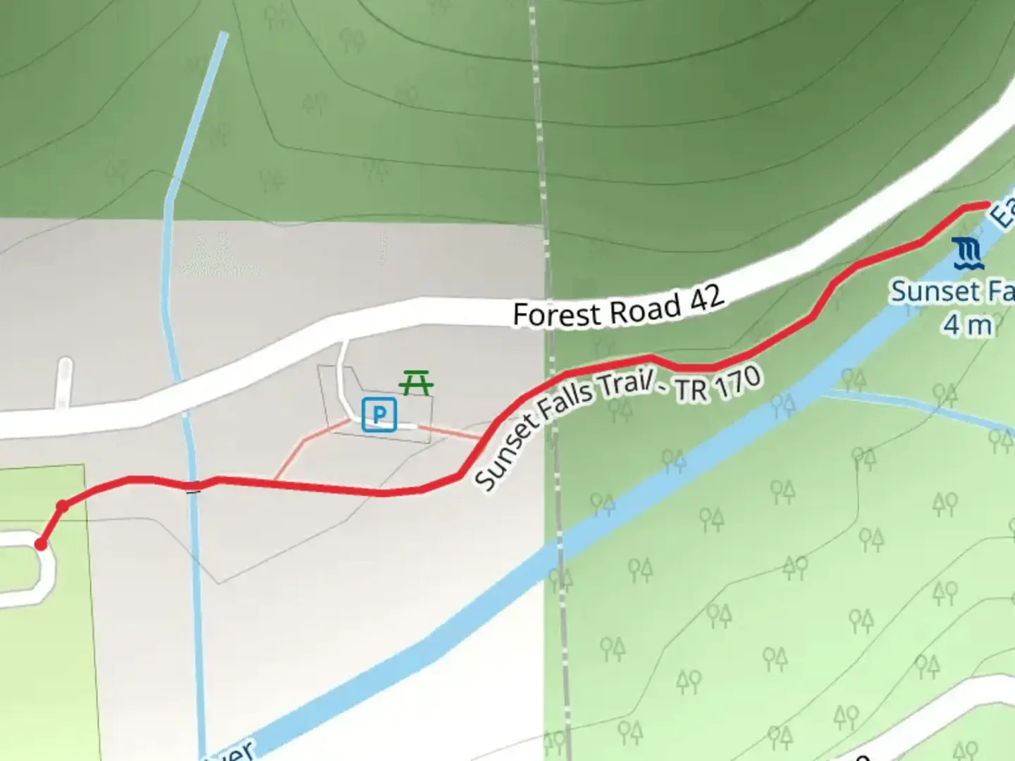 An image depicting the trail Sunset Falls Trail and its surrounding area.
