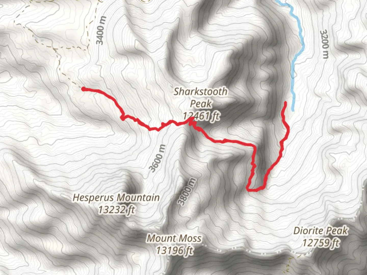 An image depicting the trail Sharkstooth Pass via Sharkstooth Peak Trail and Bear Creek Trail and its surrounding area.