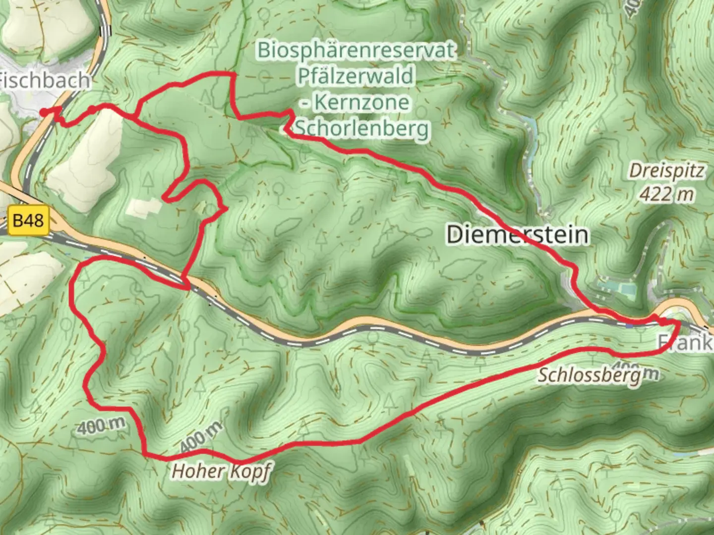 An image depicting the trail Fischbach and Frankenstein Loop and its surrounding area.