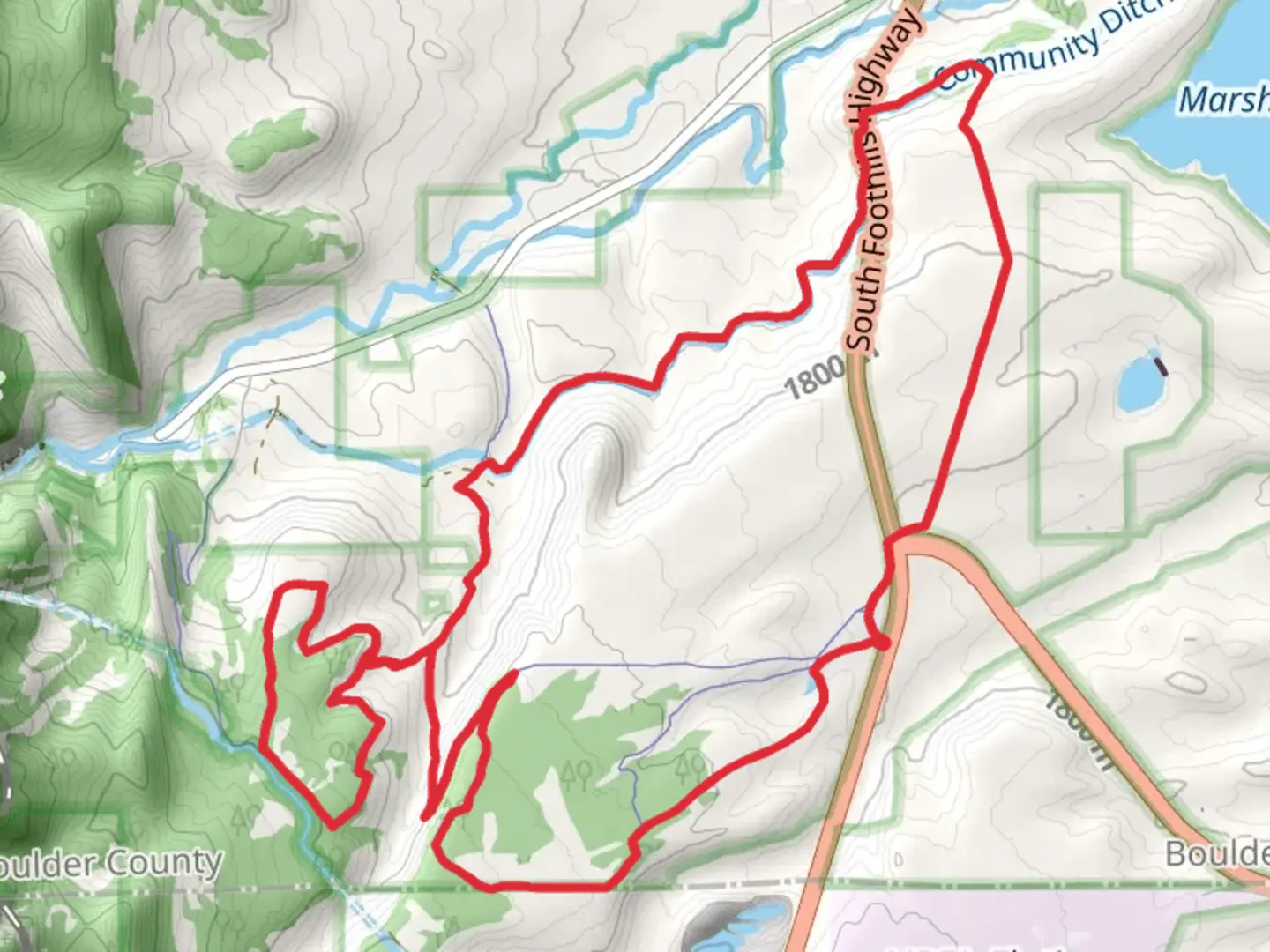 An image depicting the trail Greenbelt Plateau, Community Ditch and FlatIrons Vista South Loop Trail and its surrounding area.