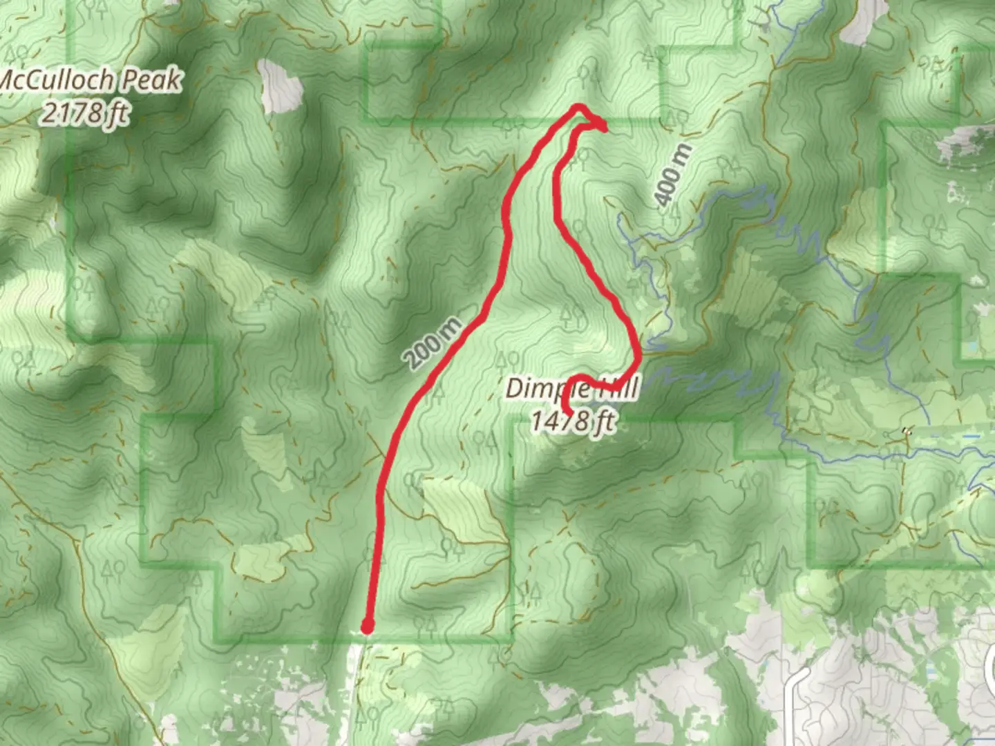 An image depicting the trail Dimple Hill via Harry R Patterson Road and its surrounding area.