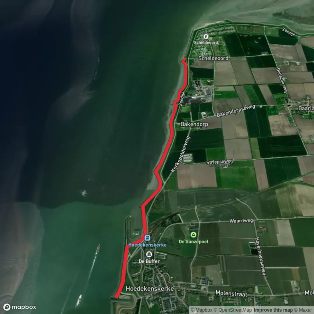 An image depicting the trail De Wester via Buitendijks Traject from Hoedekenskerke and its surrounding area.