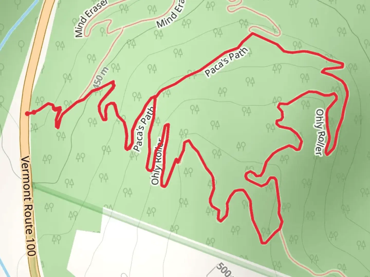 An image depicting the trail Ohly Roller Loop via Mind Eraser Trail and its surrounding area.