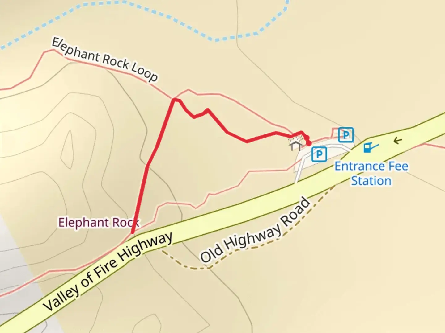 An image depicting the trail Elephant Rock Trail Out and Back and its surrounding area.