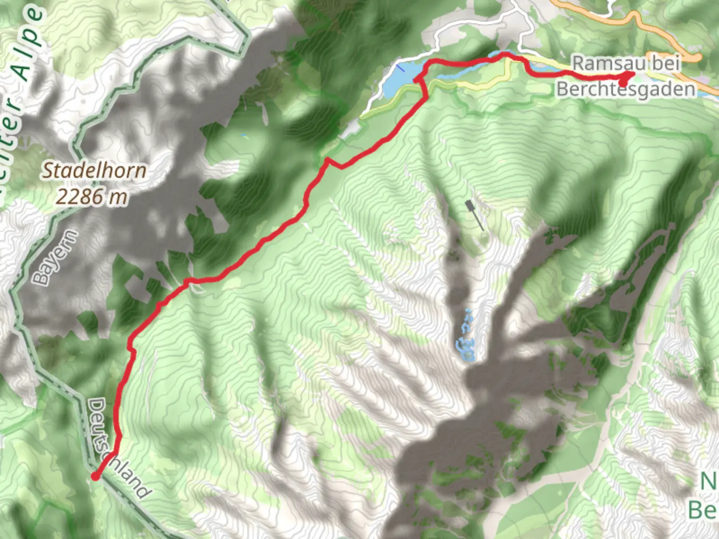 An image depicting the trail Hirschbichi to Riesenbichi via Haengebruscke, Heirats Stein and Hintersee and its surrounding area.