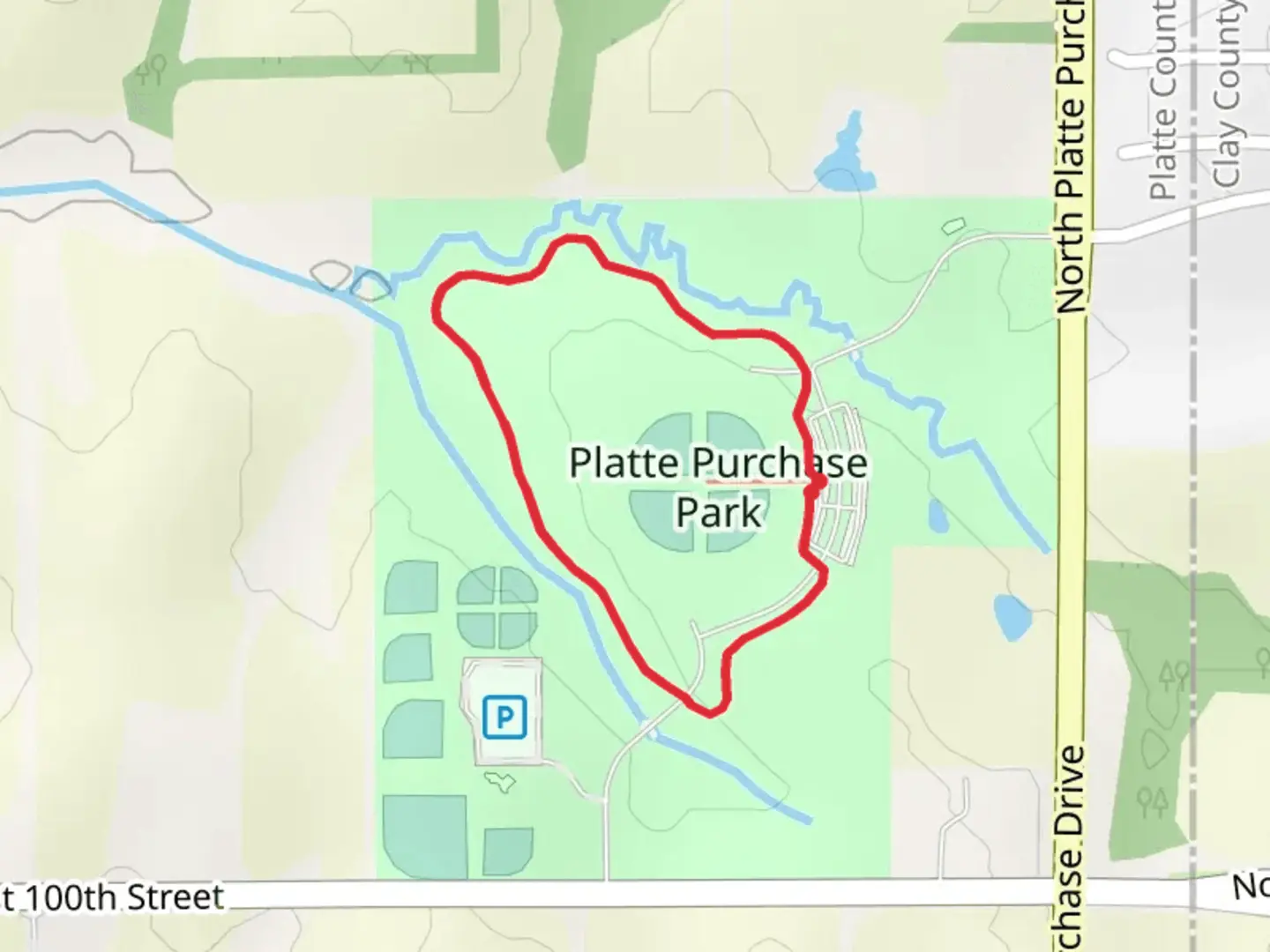 An image depicting the trail Platte Purchase Park Loop and its surrounding area.