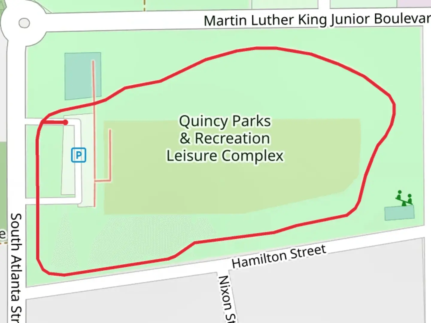 An image depicting the trail Quincy Parks and Recreation Leisure Complex Loop and its surrounding area.
