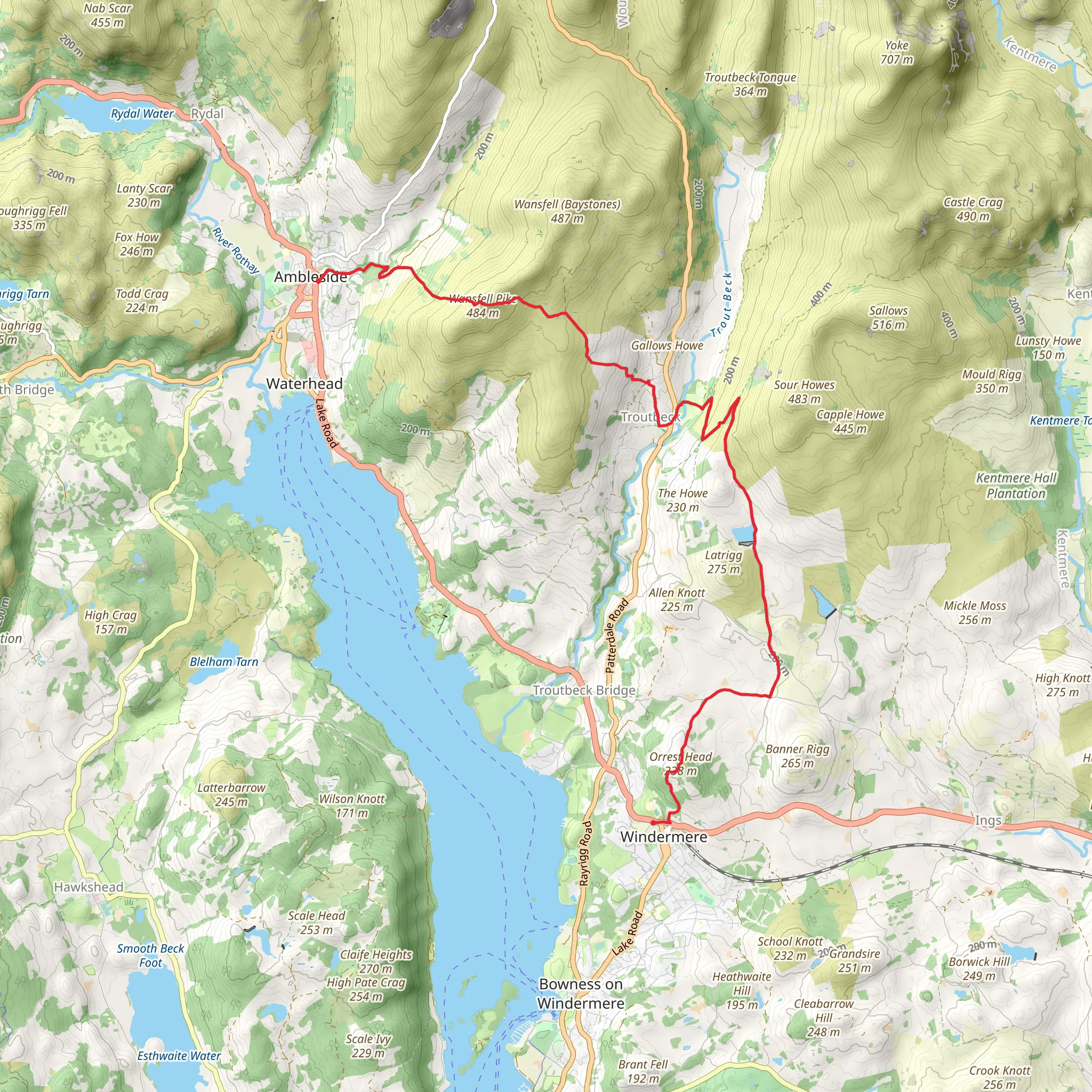 Windermere and Wansfell Pike to Ambleside Walk mobile static map