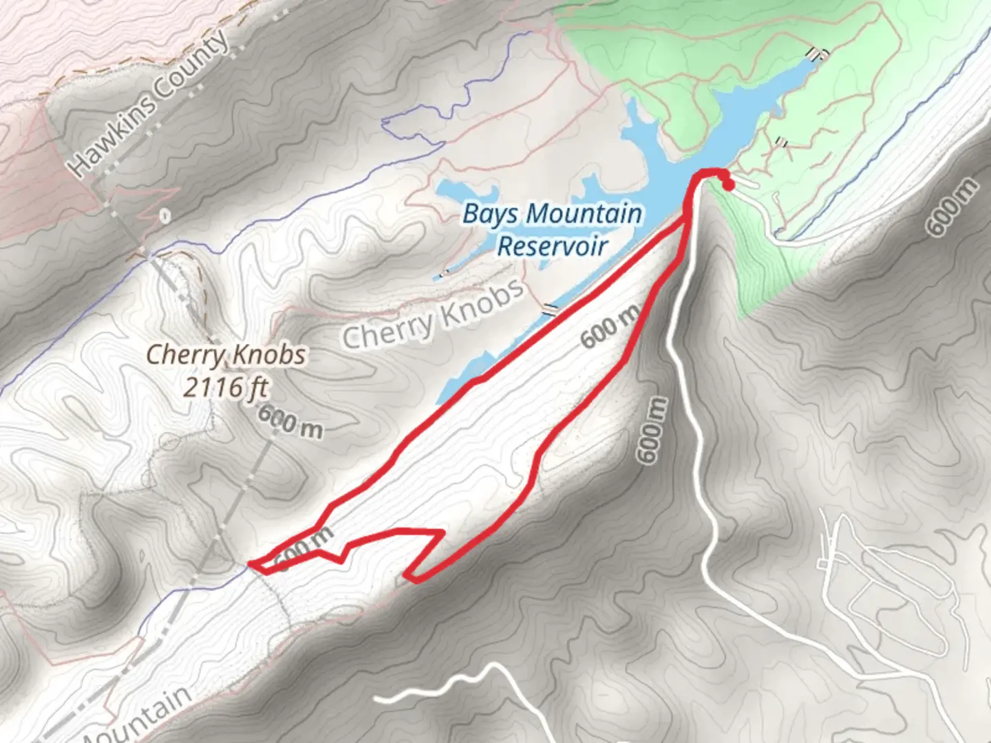 An image depicting the trail Bays Mountain Reservoir via Lake Road Loop and its surrounding area.