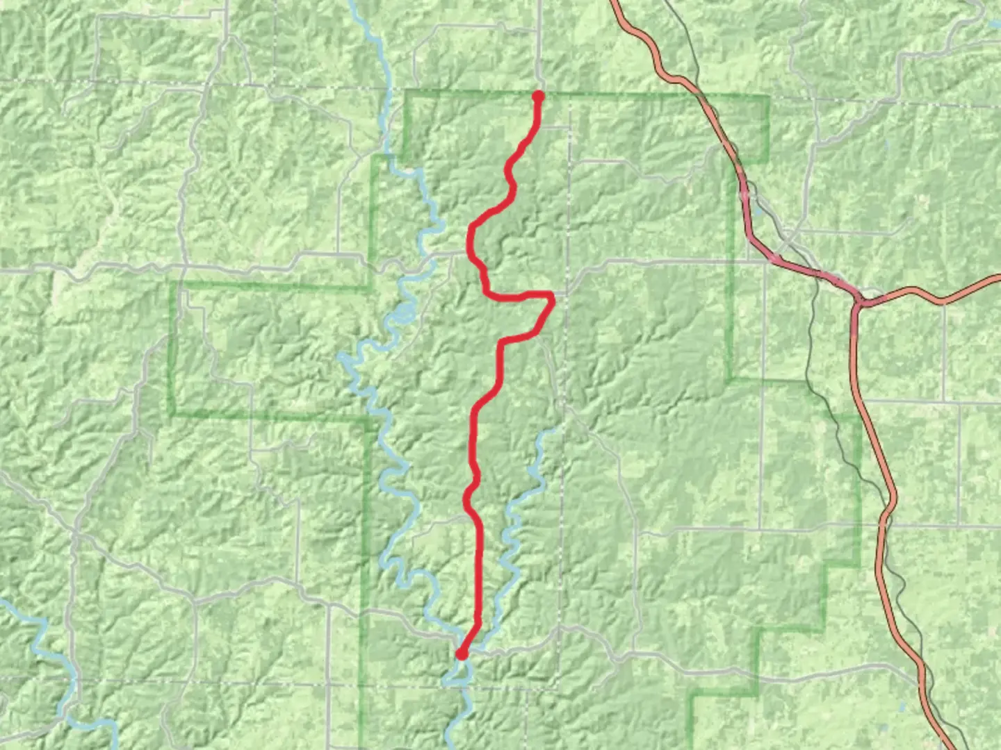 An image depicting the trail State Route AM to State Highway 14 and its surrounding area.