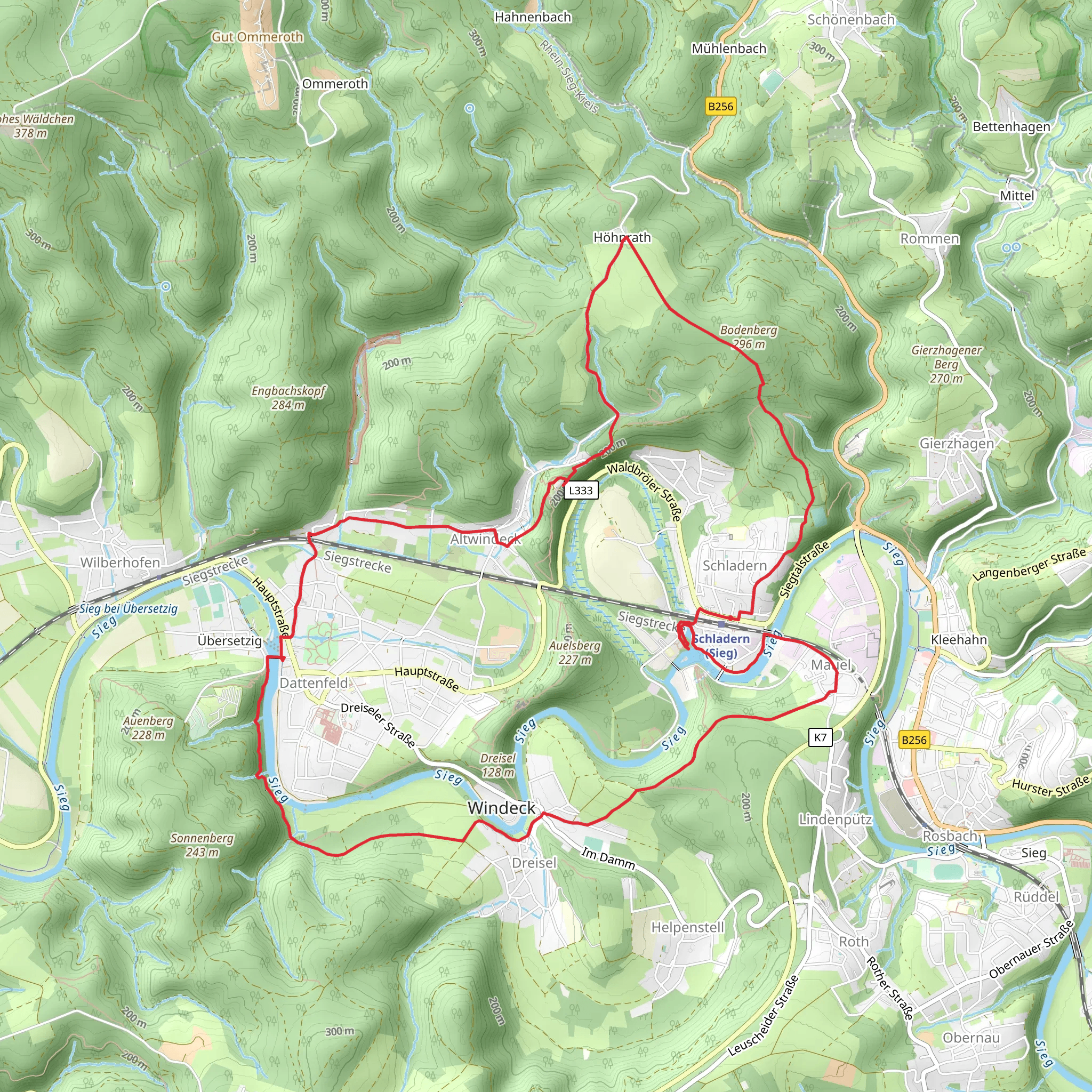 Sieg and Hoeffers Teich via Schladern Rundweg and Altwindeck Rungweg Dreieck mobile static map