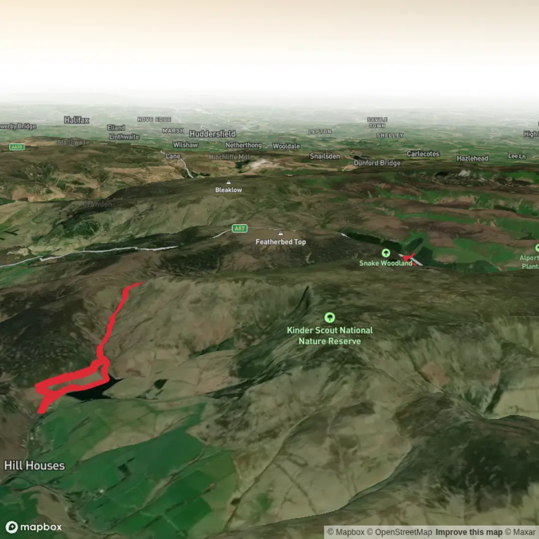 An image depicting the trail Snake Path to Kinder Resivoir loop and its surrounding area.