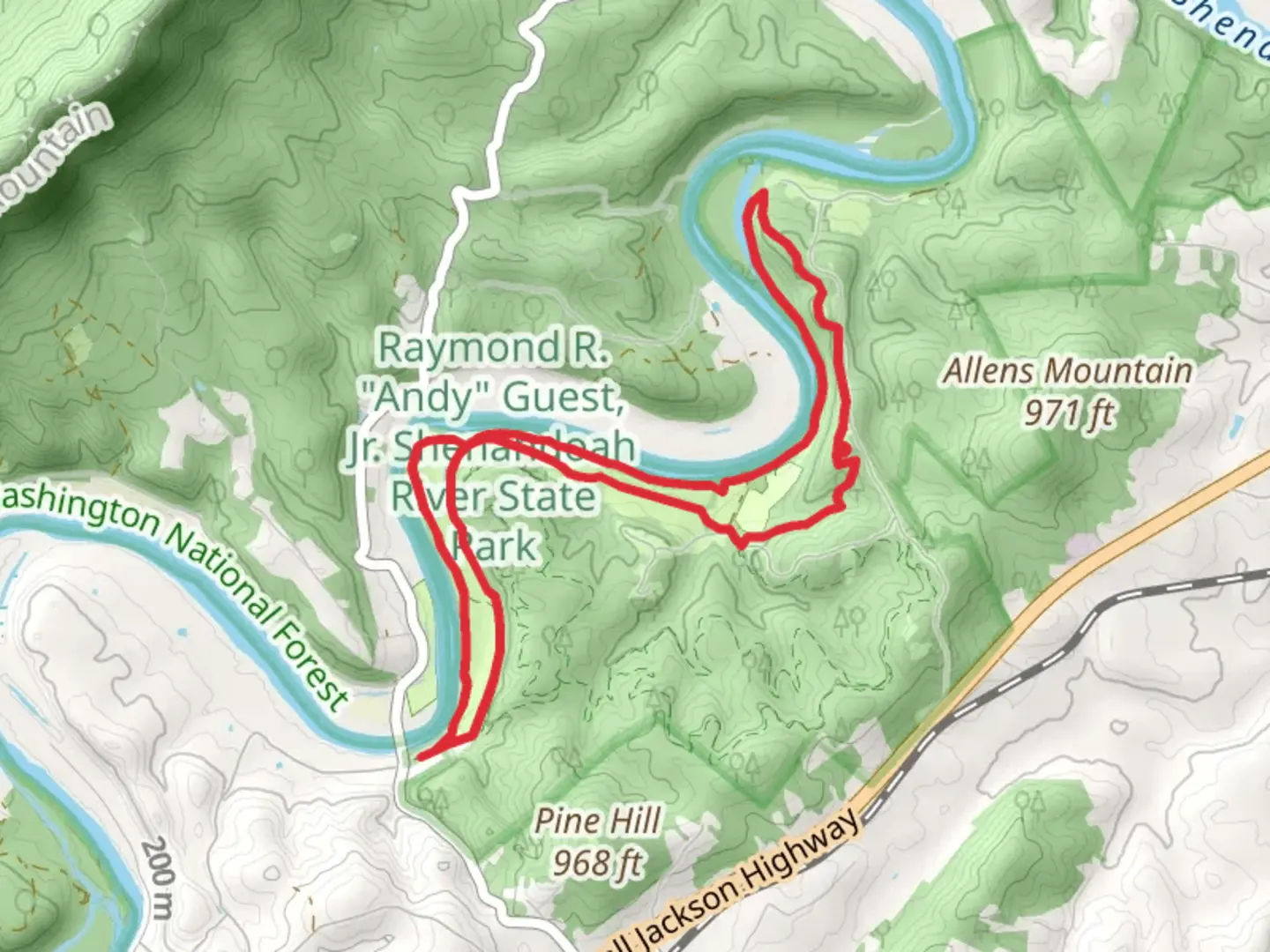 An image depicting the trail South Fork Shenandoah River and Ox Bow Lake Loop and its surrounding area.