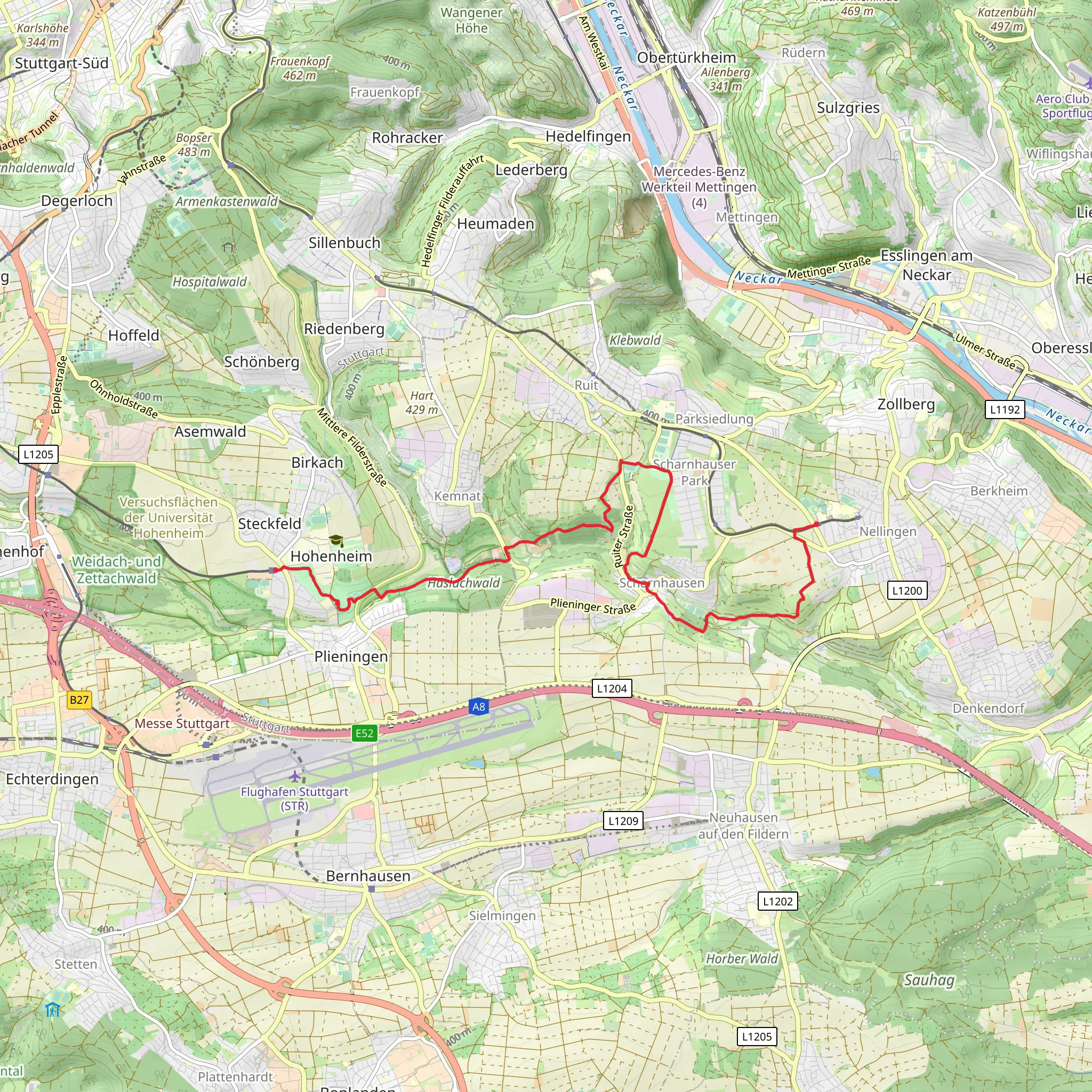 Nellingen Technische Akademie to Plieningen via Koersch mobile static map