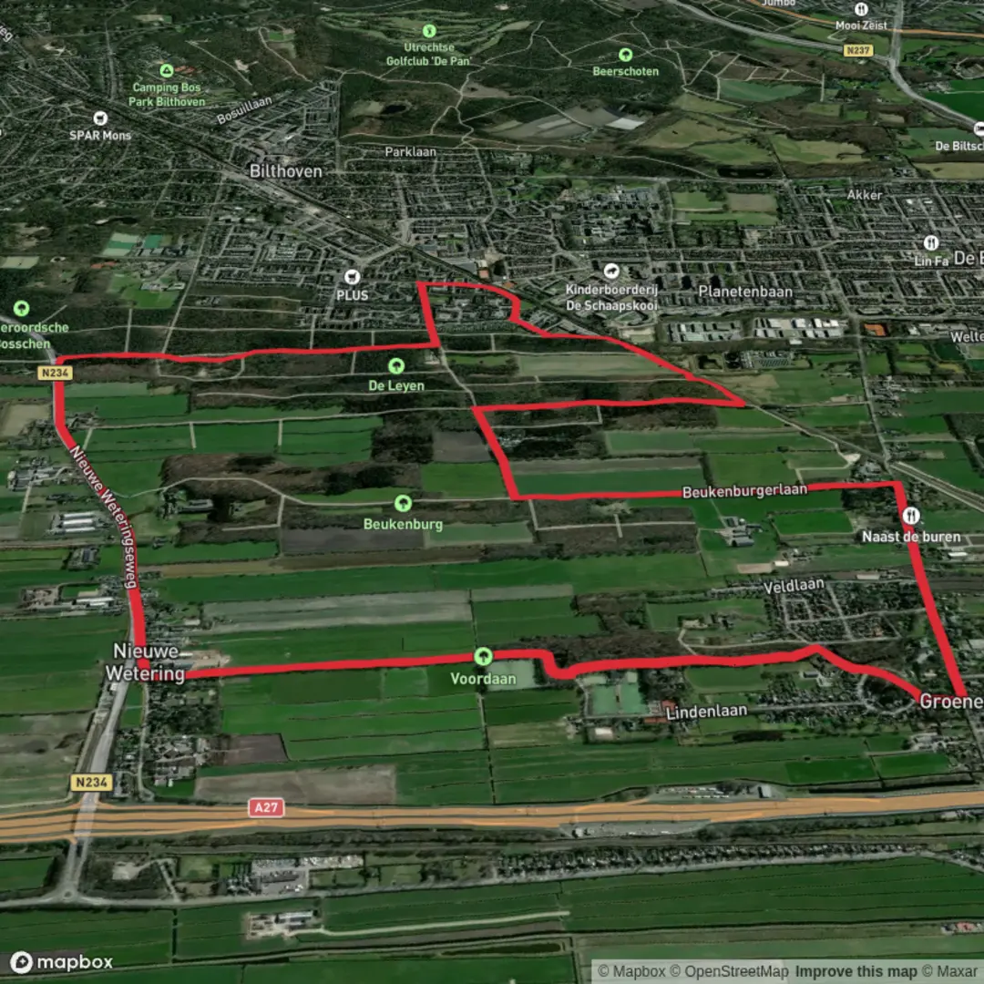 An image depicting the trail De Leijen via Groenekan en Verder and its surrounding area.