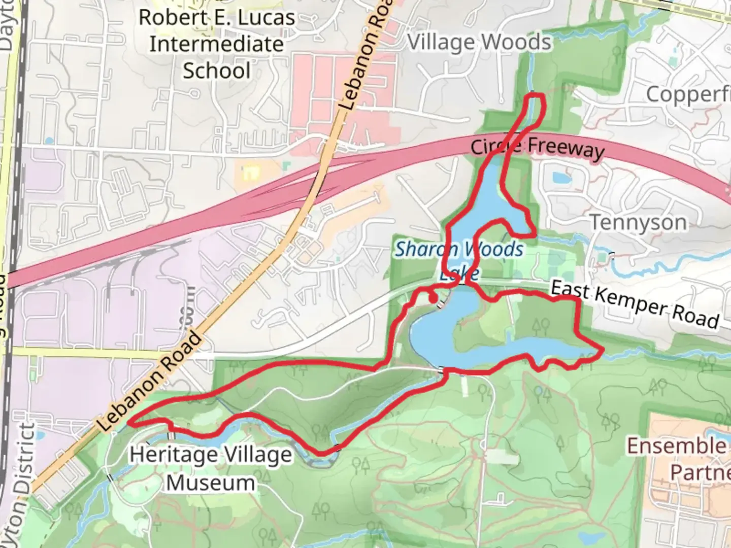 An image depicting the trail Sharon Woods Lake and George Trail Loop and its surrounding area.
