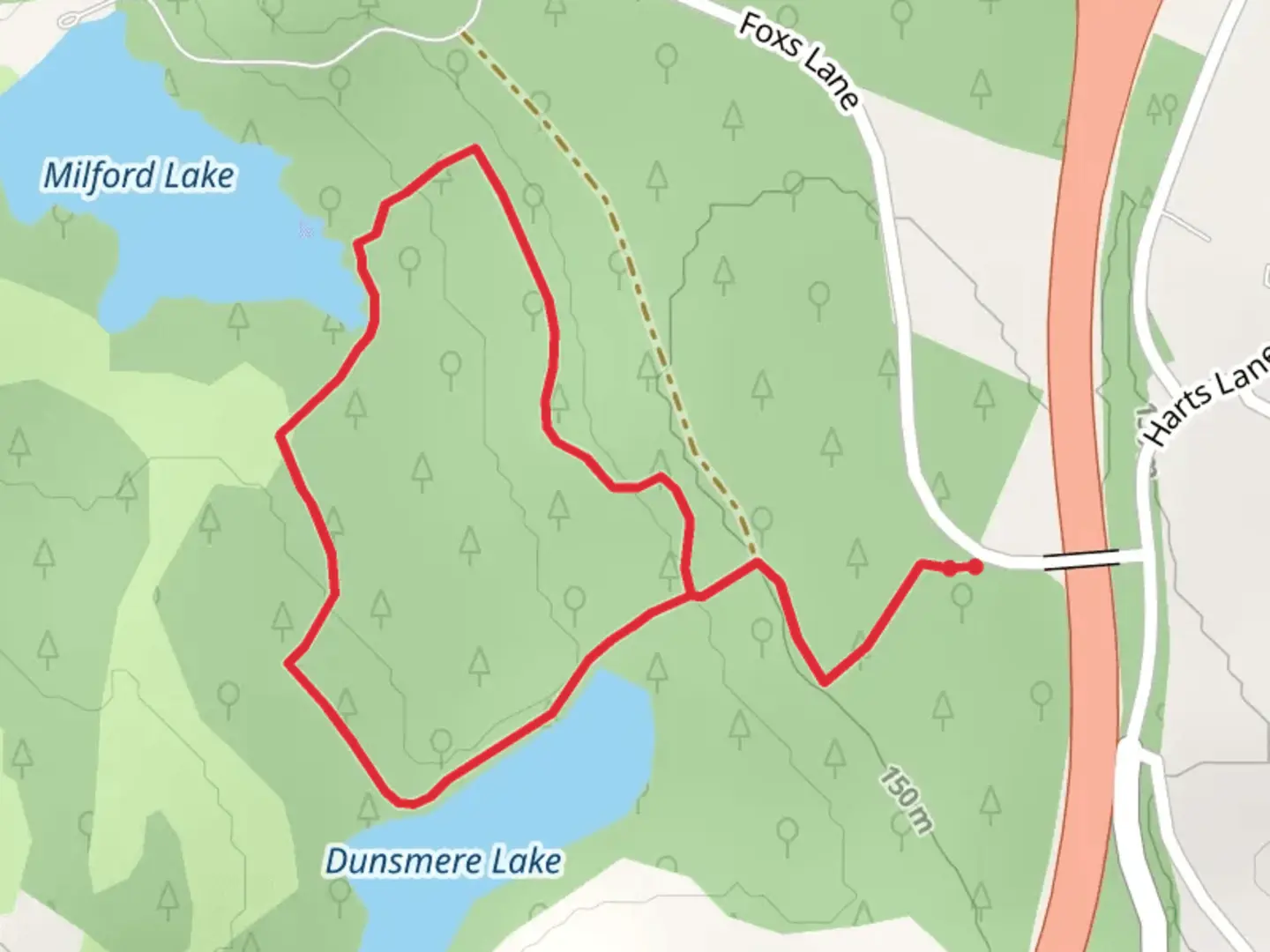 An image depicting the trail Loop between Dunsmere and Milford Lake and its surrounding area.