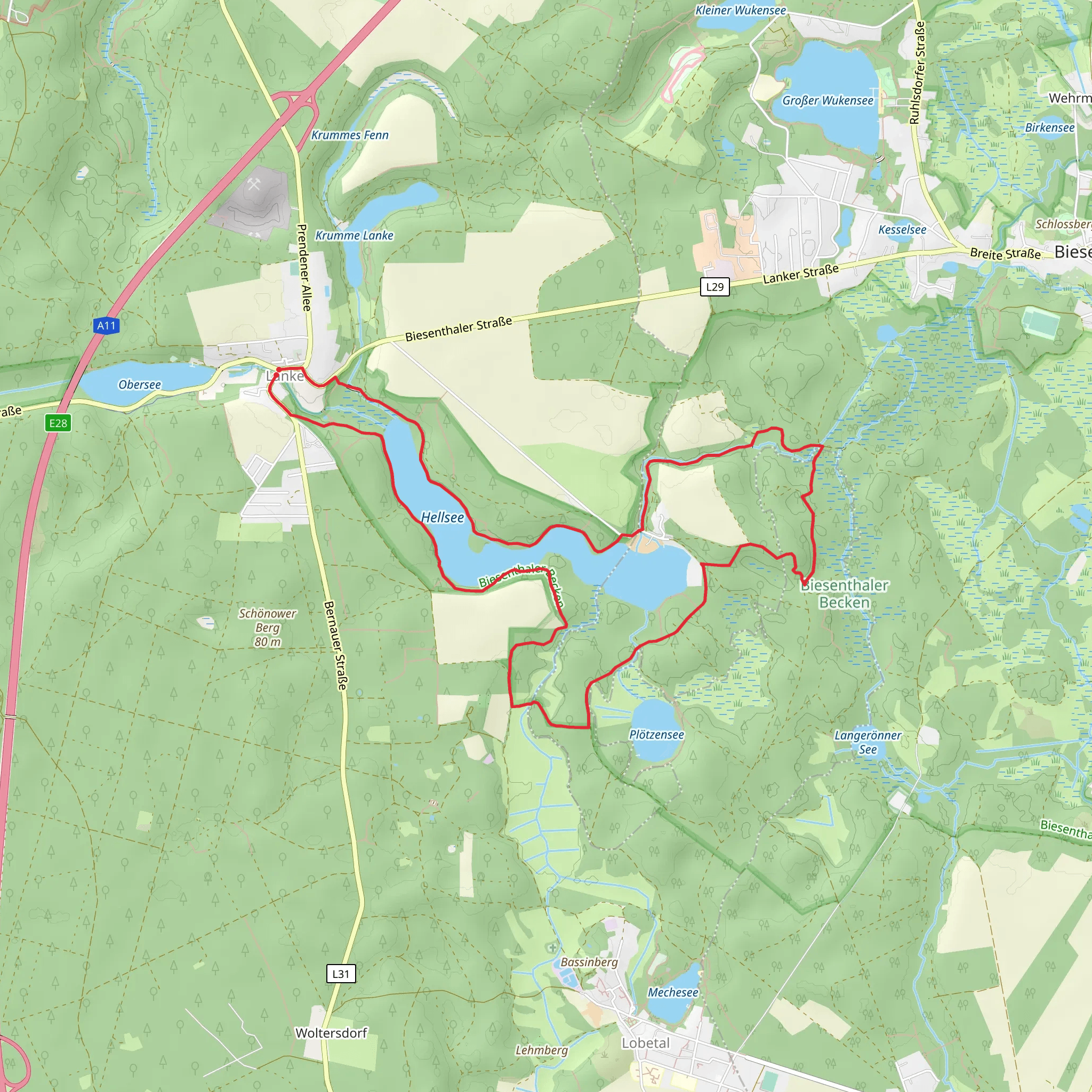 Hellsee via 66 Seen Wanderweg and Roter Balken Bernau - Altenhof mobile static map