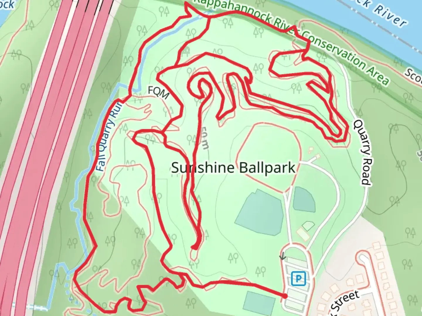 An image depicting the trail Sunshine, Fall Quarry Run and Naysayer Loop Trail and its surrounding area.
