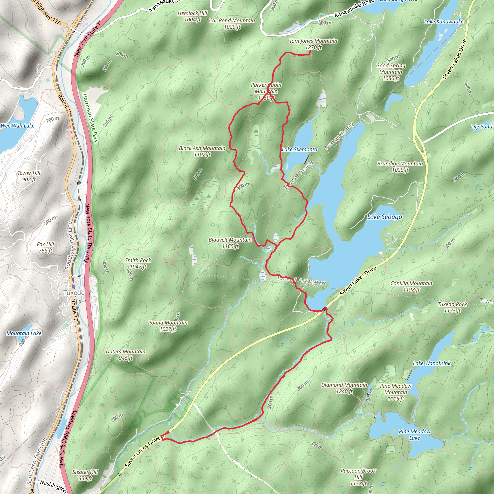 Lake Skemonto, Parker Cabin Mountain and Lake Sebago via White Bar Trail mobile static map