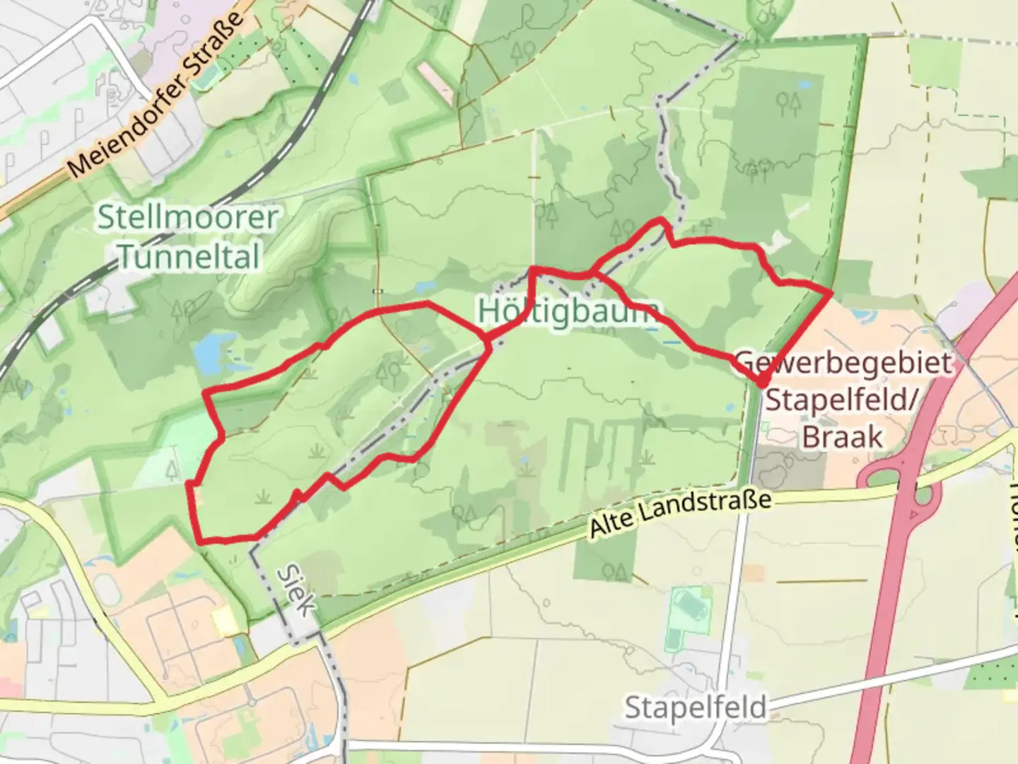 An image depicting the trail Höltigbaum Loop and its surrounding area.