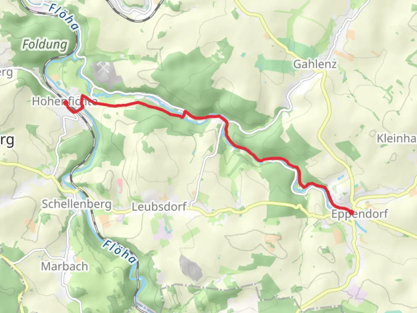 An image depicting the trail Hohenfichte to Eppendorf via Liederweg and its surrounding area.