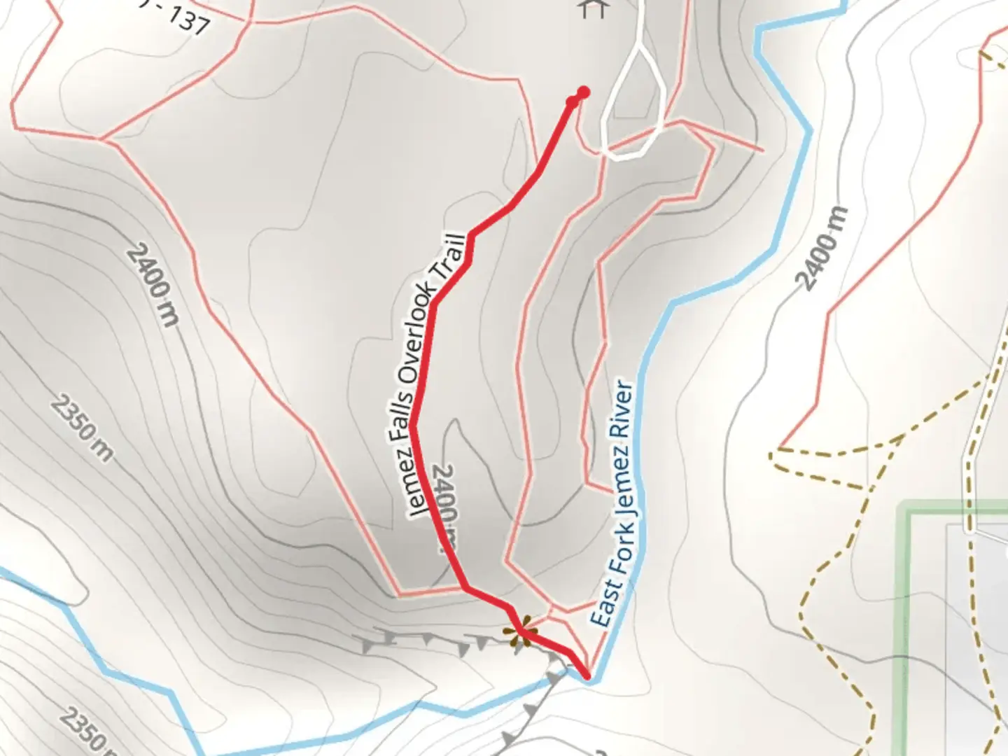 An image depicting the trail Jemez Falls Overlook Trail and its surrounding area.