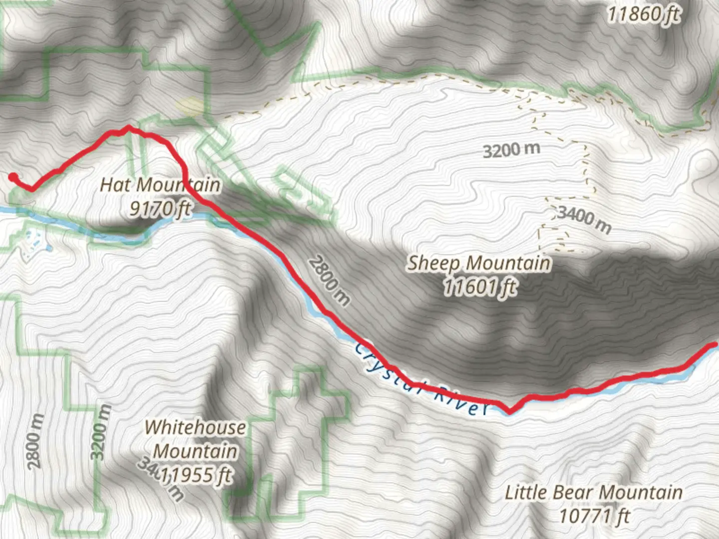 An image depicting the trail Crystal River and Crystal Canyon and its surrounding area.