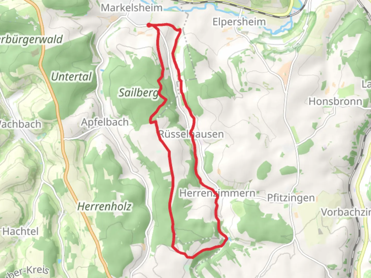 An image depicting the trail Maarkelsheim and Schonbuhl Loop and its surrounding area.