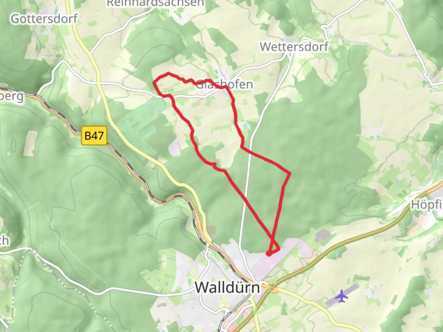 An image depicting the trail Glashofen and Oestlicher Limesweg and its surrounding area.